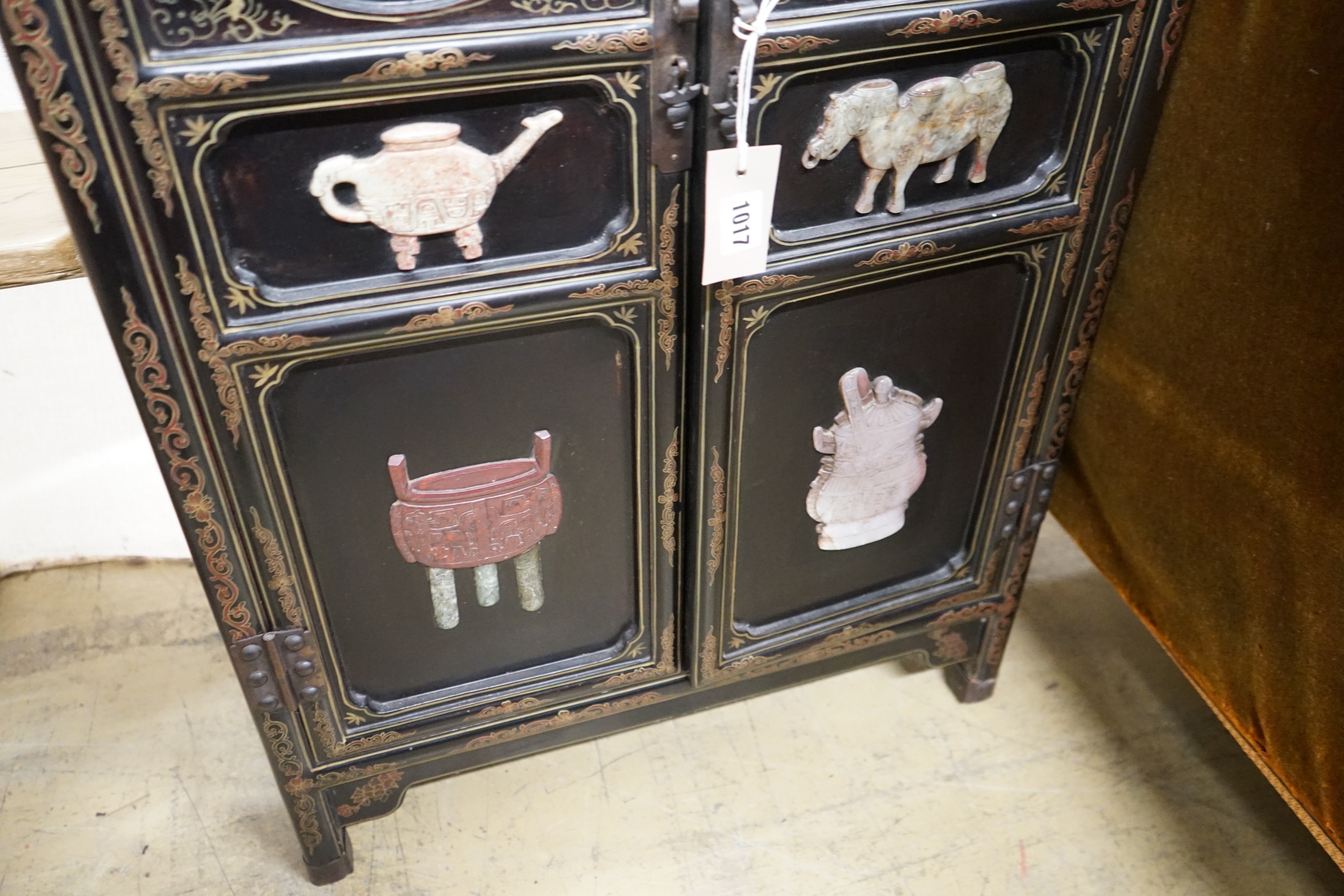 A Chinese painted hardstone mounted two door side cabinet, width 60cm, depth 31cm, height 89cm